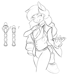 Size: 862x908 | Tagged: safe, artist:nudeknightart, imported from derpibooru, oc, oc only, oc:time spinner, anthro, earth pony, big hair, clothes, doctor who, monochrome, sketch, solo, sonic screwdriver, suit
