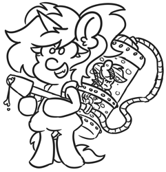 Size: 1015x1054 | Tagged: safe, artist:threetwotwo32232, imported from derpibooru, pony, bipedal, fangs, gun, hose, smiling, solo, unconscious, water tank, watergun, weapon