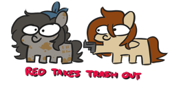 Size: 900x450 | Tagged: safe, artist:threetwotwo32232, imported from derpibooru, oc, oc only, oc:red, oc:red stroke, oc:trash, earth pony, pegasus, pony, female, garbage day, gun, loss (meme), mare, simple background, squatpony, weapon