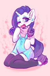 Size: 800x1200 | Tagged: safe, artist:valeria_fills, imported from derpibooru, rarity, anthro, semi-anthro, unicorn, arm hooves, clothes, crying, digital art, female, hooves, horn, looking at you, mare, one eye closed, open mouth, simple background, socks, solo, stockings, tail, thigh highs