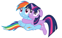 Size: 1280x778 | Tagged: safe, artist:benpictures1, imported from derpibooru, rainbow dash, twilight sparkle, alicorn, pegasus, pony, dragonshy, cute, dashabetes, duo, duo female, female, hug, inkscape, lesbian, scared, shipping, twiabetes, twidash, twilight sparkle (alicorn), vector, wings