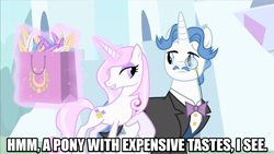 Size: 1280x720 | Tagged: safe, edit, edited screencap, editor:jaredking203, imported from derpibooru, screencap, fancypants, fleur-de-lis, pony, unicorn, sweet and elite, caption, female, image macro, male, mare, meme, stallion, text