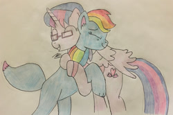 Size: 1280x852 | Tagged: safe, artist:didgereethebrony, imported from derpibooru, oc, oc:hsu amity, oc:rainbow eevee, alicorn, earth pony, pony, glasses, hug, traditional art