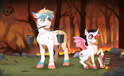 Size: 1168x713 | Tagged: safe, artist:lastnight-light, imported from derpibooru, oc, oc only, oc:jawbreaker, oc:rock candy, alicorn, bat pony, bat pony alicorn, earth pony, pony, bat wings, bucket, fire, forest, horn, mouth hold, tree, wings