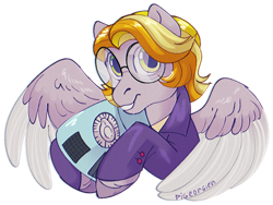 Size: 1024x768 | Tagged: safe, artist:pigeorgien, imported from derpibooru, oc, oc only, oc:star trails, pegasus, pony, adorkable, clothes, colored wings, cute, dork, female, glasses, jacket, mare, multicolored mane, multicolored wings, ocbetes, radio, shirt, smiling, solo, suit, unshorn fetlocks, wings