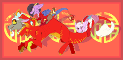 Size: 2450x1200 | Tagged: safe, artist:conmanwolf, imported from derpibooru, arizona cow, discord, oc, oc:scraps, oc:stitches, cow, draconequus, them's fightin' herds, arizona (tfh), chinese new year, community related, plushie