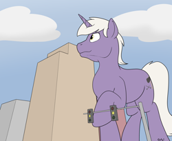 Size: 3024x2476 | Tagged: safe, artist:rapidstrike, imported from derpibooru, oc, oc only, oc:drawbridge, pony, unicorn, city, cutie mark, giant pony, giant unicorn, high res, macro, male, raised hoof, skyscraper, solo, stoplight, walking