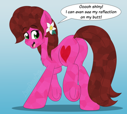 Size: 4100x3680 | Tagged: safe, alternate version, artist:aarondrawsarts, imported from derpibooru, oc, oc:rose bloom, crystal pony, earth pony, butt, commission, commissioner:reversalmushroom, dialogue, earth pony oc, female, looking back, plot, rosie butt, underhoof