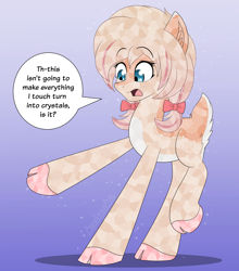 Size: 2900x3300 | Tagged: safe, alternate version, artist:aarondrawsarts, imported from derpibooru, oc, oc only, oc:daisy cakes, crystal pony, deer, deer pony, original species, cloven hooves, commission, commissioner:reversalmushroom, deer tail, dialogue, doe, female, pale belly, raised hoof, surprised