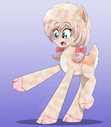 Size: 2900x3300 | Tagged: safe, alternate version, artist:aarondrawsarts, imported from derpibooru, oc, oc only, oc:daisy cakes, crystal pony, deer, deer pony, original species, cloven hooves, commission, commissioner:reversalmushroom, deer tail, doe, female, pale belly, raised hoof, surprised