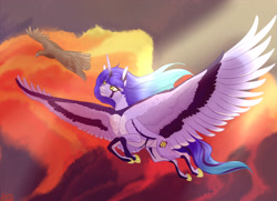 Size: 3600x2600 | Tagged: safe, artist:luna dave, imported from derpibooru, oc, oc only, alicorn, bird, eagle, alicorn oc, cloud, commission, female, flying, horn, large wings, mare, realistic horse legs, realistic wings, sky, solo, wings, ych result