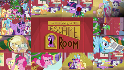 Size: 1974x1112 | Tagged: safe, edit, edited screencap, editor:quoterific, imported from derpibooru, screencap, applejack, fluttershy, gummy, pinkie pie, rainbow dash, rarity, twilight sparkle, alicorn, crocodile, earth pony, pegasus, pony, unicorn, hearth's warming shorts, the great escape room, applejack's hat, covering eyes, cowboy hat, crossed arms, duo, duo female, eyes closed, female, fluttershy is not amused, group hug, hat, hatless, hay, hug, mane six, missing accessory, nose in the air, open mouth, rainbow dash is not amused, rarity is not amused, scared, screaming, twilight is not amused, twilight sparkle (alicorn), twilight sparkle is not amused, unamused