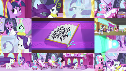 Size: 1978x1113 | Tagged: safe, edit, edited screencap, editor:quoterific, imported from derpibooru, screencap, all aboard, aloe, fuchsia frost, golden crust, lotus blossom, rarity, shining passion, spike, starlight glimmer, twilight sparkle, alicorn, dragon, earth pony, pony, unicorn, rarity's biggest fan, spoiler:interseason shorts, female, floppy ears, friendship express, friendship student, male, mare, mirror, mud mask, stallion, train, twilight sparkle (alicorn), winged spike, wings