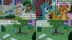 Size: 2000x1125 | Tagged: safe, edit, edited screencap, editor:quoterific, imported from derpibooru, screencap, gallus, ocellus, sandbar, silverstream, smolder, yona, changeling, dragon, earth pony, griffon, hippogriff, pony, yak, what lies beneath, book, eyes closed, female, flying, male, open mouth, school of friendship, solo, student six, teeth, tree, trio