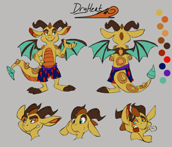 Size: 2500x2149 | Tagged: artist needed, safe, artist:rileyboi, imported from derpibooru, oc, oc only, oc:dryheat, dragon, clothes, dragon oc, gray background, male, reference sheet, shorts, simple background, solo, swimming trunks, tongue out