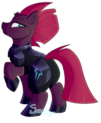 Size: 2224x2695 | Tagged: safe, artist:sharkdoggo, imported from derpibooru, tempest shadow, pony, unicorn, broken horn, butt, female, high res, horn, mare, plot, solo, storm king's emblem, tempass