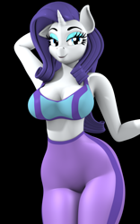 Size: 2500x4000 | Tagged: safe, artist:argos90, imported from derpibooru, rarity, anthro, plantigrade anthro, unicorn, 3d, arm behind head, black background, breasts, busty rarity, butt, clothes, female, leggings, looking at you, rearity, shorts, simple background, solo, sports bra, sports shorts, tight clothing