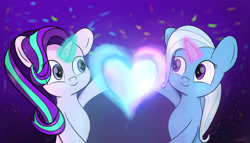 Size: 4687x2683 | Tagged: safe, artist:cxynbl, imported from derpibooru, starlight glimmer, trixie, pony, unicorn, female, heart, lesbian, magic, shipping, smiling, startrix