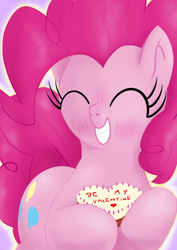 Size: 2480x3508 | Tagged: safe, artist:eels, imported from derpibooru, pinkie pie, earth pony, pony, blushing, cake, food, grin, holiday, smiling, solo, valentine, valentine's day