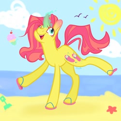 Size: 2000x2000 | Tagged: safe, artist:riceflowers_art, imported from derpibooru, flippity flop, pony, unicorn, beach, cherry, food, happy, ice cream, levitation, magic, sandals, smiling, solo, telekinesis