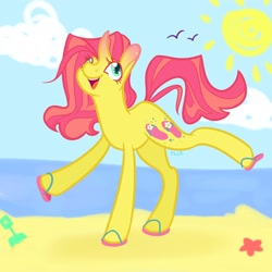 Size: 2000x2000 | Tagged: safe, alternate version, artist:riceflowers_art, imported from derpibooru, flippity flop, pony, unicorn, beach, cherry, food, happy, sandals, smiling, solo