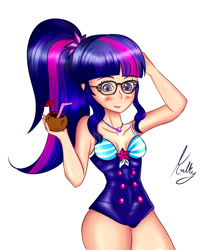 Size: 1000x1200 | Tagged: safe, artist:kulkry, imported from derpibooru, sci-twi, twilight sparkle, human, equestria girls, equestria girls series, blushing, clothes, coconut, food, human coloration, humanized, one-piece swimsuit, simple background, solo, swimsuit, white background