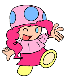 Size: 566x625 | Tagged: safe, artist:aso-designer, imported from derpibooru, pinkie pie, anthro, blouse, clothes, cute, diapinkes, excited, female, g4, happy, one eye closed, open mouth, shirt, shoes, simple background, skirt, super mario bros., toadette, toadified, white background, yellow shoes