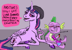 Size: 1142x796 | Tagged: safe, artist:necromarecy, imported from derpibooru, spike, twilight sparkle, alicorn, dragon, pony, beanie, bong, cloven hooves, dialogue, drugs, hat, high, highlight sparkle, laughing, marijuana, red eyes, smiling, twilight sparkle (alicorn)