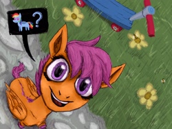 Size: 2048x1536 | Tagged: safe, artist:necromarecy, imported from derpibooru, rainbow dash, scootaloo, bee, insect, pegasus, pony, creepy, dialogue, flower, looking at you, looking up, offscreen character, overhead view, pictogram, pointy ponies, pov, scooter, smiling, solo