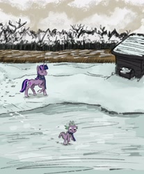 Size: 2439x2943 | Tagged: safe, artist:necromarecy, imported from derpibooru, spike, twilight sparkle, dragon, pony, unicorn, clothes, duo, ice, scarf, scenery, smiling, snow, unicorn twilight