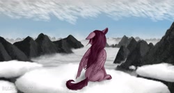 Size: 2440x1303 | Tagged: safe, artist:necromarecy, imported from derpibooru, oc, oc only, pegasus, pony, cloud, mountain, mountain range, on a cloud, one ear down, rear view, scenery, sitting, sitting on a cloud, sitting on cloud, solo