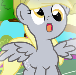Size: 611x606 | Tagged: safe, artist:pyruvate, imported from derpibooru, derpy hooves, pegasus, pony, comic:dragon queen, cute, derp, derpabetes, front view, looking up, reaction image, solo, spread wings, wings