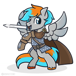 Size: 1280x1280 | Tagged: safe, artist:redpalette, imported from derpibooru, oc, oc:shade flash, pegasus, armor, cape, clothes, dnd, dungeons and dragons, male, pegasus oc, roleplay, smiling, stallion, standing, sword, weapon, wings