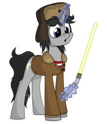 Size: 1771x2047 | Tagged: safe, artist:moonatik, imported from derpibooru, oc, oc only, oc:ragtime melody, pony, unicorn, clothes, commission, hat, horn, lightsaber, magic, male, medal, simple background, solo, stallion, star wars, transparent background, unicorn oc, ushanka, weapon