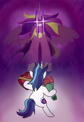 Size: 1420x2048 | Tagged: safe, artist:jargon scott, imported from derpibooru, part of a set, princess cadance, shining armor, alicorn, pony, unicorn, beautiful, bipedal, boss battle, chocolate, female, flower, food, glowing eyes, holiday, majestic, male, princess of love, rose, shiningcadance, shipping, straight, this is my final form, this will end in love and/or pain, this will end in snu snu, valentine's day