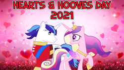 Size: 2064x1161 | Tagged: safe, anonymous artist, imported from derpibooru, princess cadance, shining armor, alicorn, pony, unicorn, 2021, duo, female, hearts and hooves day, holiday, husband and wife, looking at each other, love is in bloom, lyrics in the description, male, shiningcadance, shipping, straight, valentine's day, youtube link in the description