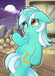 Size: 2300x3200 | Tagged: safe, artist:rivin177, imported from derpibooru, lyra heartstrings, pony, unicorn, belly, cloud, cloudy, female, floppy ears, mare, meme, moonlight, night, ponyville, sad, shipping, sitting, sitting lyra, solo