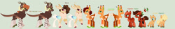 Size: 1920x323 | Tagged: safe, artist:kyper-space, imported from derpibooru, oc, oc only, oc:all hallow's eve, oc:caramel popcorn, oc:cayenne pepper, oc:choco peach pie, oc:jackalope jamboree, earth pony, hybrid, pony, base used, green background, interspecies offspring, magical gay spawn, magical threesome spawn, offspring, parent:big macintosh, parent:cheese sandwich, parent:discord, siblings, simple background