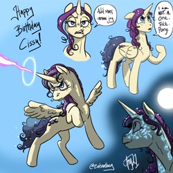 Size: 4000x4000 | Tagged: safe, artist:evilsnotbag, imported from derpibooru, oc, oc only, oc:cissy jones, alicorn, pony, blast, bust, gift art, happy birthday, magic, magic blast, magic runes, moon, runes, solo, sparkly mane