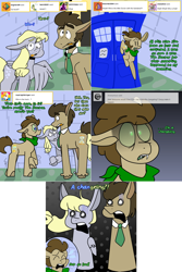 Size: 1502x2254 | Tagged: safe, artist:unrulyheartz, imported from derpibooru, derpy hooves, doctor whooves, time turner, oc, oc:tantamount, earth pony, pegasus, pony, lovestruck derpy, crossover, disguise, disguised changeling, doctor who, female, male, mare, stallion, tantamount time turner, tantamount-time-turner, tardis, the doctor