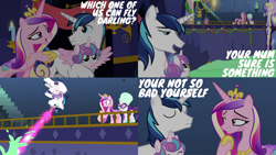 Size: 1986x1117 | Tagged: safe, edit, edited screencap, editor:quoterific, imported from derpibooru, screencap, princess cadance, princess flurry heart, rarity, shining armor, alicorn, pony, unicorn, best gift ever, :p, baby, baby pony, clothes, crown, diaper, eyes closed, food, glowing horn, gritted teeth, horn, jewelry, laser, magic, magic aura, open mouth, pudding, regalia, teeth, tongue out, trio, twilight's castle, winter outfit