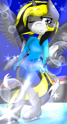 Size: 1000x1839 | Tagged: safe, alternate version, artist:juliet-gwolf18, imported from derpibooru, oc, oc:juliet, alicorn, anthro, alicorn oc, clothes, colored, eyelashes, female, gloves, horn, ice skates, one eye closed, simple background, skirt, transparent background, wings, wink