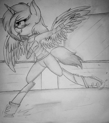 Size: 881x992 | Tagged: safe, artist:juliet-gwolf18, imported from derpibooru, oc, oc only, oc:sketchy, alicorn, anthro, unguligrade anthro, alicorn oc, blushing, clothes, female, glasses, grayscale, grin, horn, ice skates, ice skating, monochrome, smiling, solo, traditional art, wings