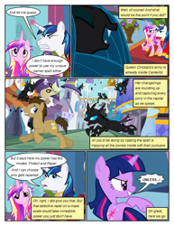 Size: 612x792 | Tagged: safe, artist:newbiespud, edit, edited screencap, imported from derpibooru, screencap, doctor whooves, princess cadance, queen chrysalis, shining armor, time turner, twilight sparkle, alicorn, changeling, changeling queen, pony, unicorn, comic:friendship is dragons, a canterlot wedding, season 2, building, clothes, comic, dialogue, eyes closed, fangs, female, grin, hoof shoes, horn, laughing, male, mare, messy mane, open mouth, outdoors, peytral, raised hoof, running, screencap comic, smiling, stallion, unicorn twilight, wings