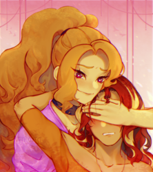 Size: 1200x1350 | Tagged: safe, artist:stummm, imported from derpibooru, adagio dazzle, sunset shimmer, equestria girls, adoragio, blushing, choker, cute, embarrassed, female, hand, holiday, hug, jewelry, lesbian, looking at you, necklace, shimmerbetes, shipping, smiling, smiling at you, sunsagio, teasing