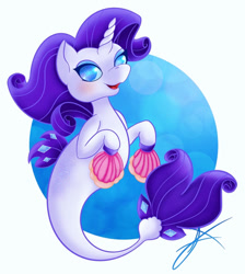 Size: 400x447 | Tagged: safe, artist:xenyu, imported from derpibooru, rarity, pony, seapony (g4), unicorn, blue background, blue eyes, bubble, colored pupils, diamond, dorsal fin, fan, female, fins, fish tail, flowing mane, flowing tail, horn, looking at you, open mouth, seaponified, seapony rarity, seashell, signature, simple background, smiling, solo, species swap, tail, underwater, water, white background