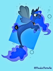 Size: 1280x1707 | Tagged: safe, artist:paulaparade, imported from derpibooru, princess luna, alicorn, pony, seapony (g4), blue background, blue eyes, bubble, clothes, crown, dorsal fin, ethereal mane, fin wings, fins, fish tail, hoof shoes, horn, jewelry, open mouth, regalia, seaponified, seapony luna, see-through, simple background, smiling, solo, species swap, starry mane, swimming, tail, underwater, water, wings