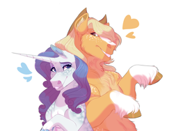 Size: 2000x1500 | Tagged: safe, artist:uunicornicc, imported from derpibooru, applejack, rarity, pony, chest fluff, cloven hooves, coat markings, colored hooves, cowboy hat, dappled, ear fluff, female, hat, heart, lesbian, rarijack, shipping, simple background, unshorn fetlocks, white background