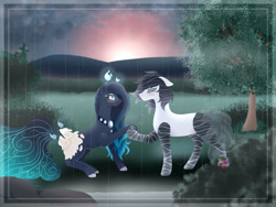 Size: 2758x2069 | Tagged: safe, artist:naezithania, imported from derpibooru, oc, oc only, oc:blind ink, oc:upcoming rain, original species, pond pony, pony, scented pony, closed species, female, male, mare, stallion, sunrise, waterfaller