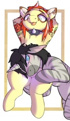 Size: 700x1210 | Tagged: safe, artist:cokesleeve, imported from derpibooru, oc, oc only, oc:red ink, unicorn, zebra, choker, collar, duo, female, head on lap, headband, lying down, male, piercing, possessive, shipping, simple background, spiked collar, straight, tattoo, tongue out, tongue piercing